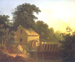Landscape With Waterwheel And Boy Fishing