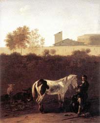 Italian Landscape With Herdsman And A Piebald Horse