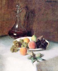 A Carafe Of Wine And Plate Of Fruit On A White Tablecloth