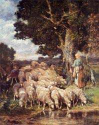 A Shepherdess With Her Flock Near A Stream