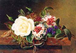Still Life With A Rose And Violets On A Marble Ledge