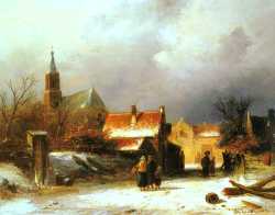 Figures On A Snow Covered Path With A Dutch Town Beyond