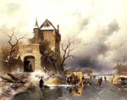 Skaters On A Frozen Lake By The Ruins Of A Castle