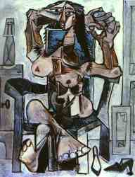 Nude In An Armchair With A Bottle Of Evian Water, A Glass And Shoes