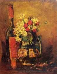 Vase With Carnations, Roses And A Bottle