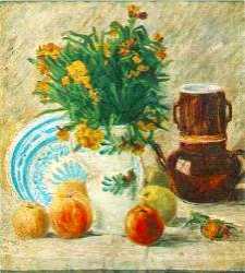 Vase With Flowers, Coffeepot And Fruit