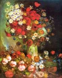 Vase With Poppies, Cornflowers, Peonies And Chrysanthemums