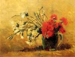 Vase With Red And White Carnations On A Yellow Background