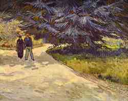 Public Garden With Couple And Blue Fir Tree