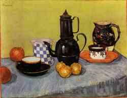 Still Life - Blue Enamel Coffeepot- Earthenware And Fruit