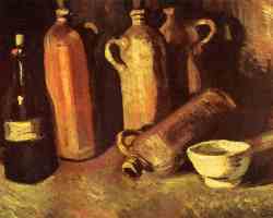 Still Life With Four Stone Bottles, Flask and White Cup