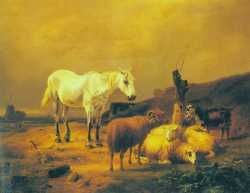 A Horse, Sheep And A Goat In A Landscape