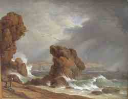 Romantic Coastal Scene With Some Sailors In The Foreground And A Ship Beyond 1843